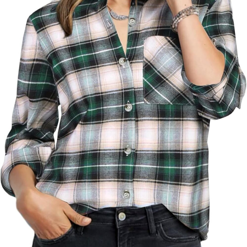Womens Plaid Shirts Cotton Classic Long Sleeve Button Down Collared Casual Tops - Picture 1 of 6